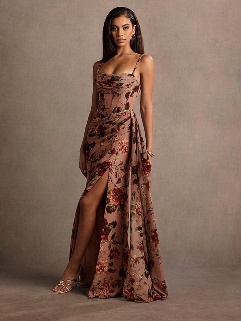 Azazie Floral Rose-Beige Draped Evening Gown